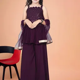 UFB Girls Ethnic Motifs Embroidered Pleated Sequinned Kurti with Palazzos & With Dupatta-21