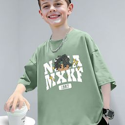FOREVER FRIDAY Boys Typography Printed Round Neck Short Sleeve Oversized Cotton T-Shirt-picture-4