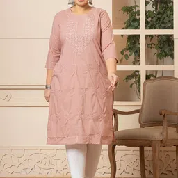 Yufta Plus Size Floral Embroidered Notch Neck Pure Cotton Straight Kurta-47