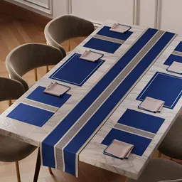 Stoa Paris VersaillesNavy Blue 13 Pcs Geometric Printed 6 Seater Cotton Table Linen Set-57