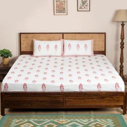 Fabindia White & Pink Floral 180 TC Cotton King Bedsheet Set 2.35 m x 2.6 m-image-20