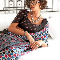 Mitera Ajrak Block Poly Crepe Block Print Saree image 3