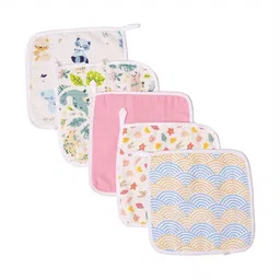 TIDY SLEEP White & Pink 5 Pieces Printed Cotton Muslin 150 GSM Face Towels-30