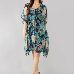 all about you Floral Print Flared Sleeves Chiffon Kaftan Dress-image-68