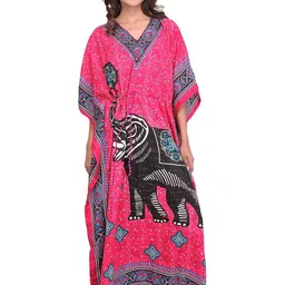 Exotic India Kaftan with Printed Elephant and Dori at Waist Dress-picture-0