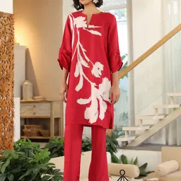 JISORA Floral Printed Russian Silk Tunic With Trouser Co-Ord Set-picture-16