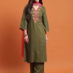 Shree Yoke Design Sequined Mirror Work Liva Kurta With Trousers & Dupatta-image-35
