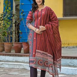 all about you Ethnic Motifs Printed Pure Cotton Straight Kurta With Trousers & Dupatta-image-31