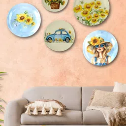 Homscape 5-Pcs Blue & Yellow PrintedCeramic Wall HangingPlates-24