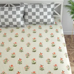 Florida Lime Green & White Floral 200 TC Queen Bedsheet with 2 Pillow Covers-8