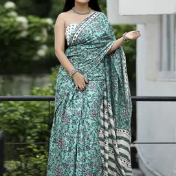 KALINI Floral printed Bagru Saree with blouse piece-picture-6