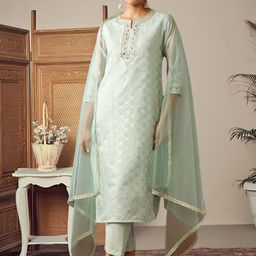 AVANSHEE Floral Woven Design Sequinned Cotton Silk Straight Kurta With Trousers & Dupatta-45