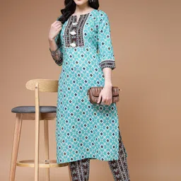Indibelle Women Floral Printed Keyhole Neck Flared Sleeves Mirror Work Kurta-27