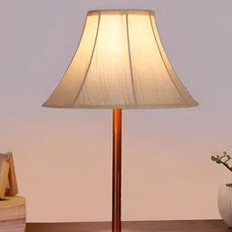 Aura Off White & Copper Toned Frustum Shaped Cotton Shade Wooden Table Lamp-picture-5
