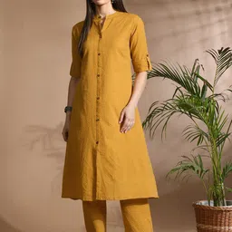 Subh LAXMI Striped Pure Cotton Mandarin Collar A-Line Kurta With Trousers-picture-54
