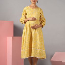 Ikk Kudi by Seerat Floral Printed Cotton Maternity Fit & Flare Midi Dress-image-53