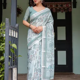 all about you Floral Printed Zari Pure Linen Saree-17