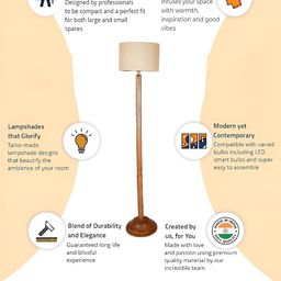 Devansh Off-White & Brown Wooden Cylindrical Shaped FloorLampsWithShade-35