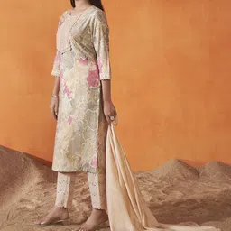 Anouk Geometric Embroidered Thread Work Chanderi Silk Kurta with Trousers And Dupatta image 2