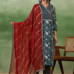 Sangria Green Floral Printed V-Neck Gotta Patti Pure Cotton Kurta With Trousers & Dupatta-45