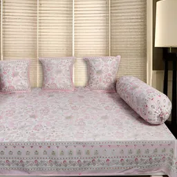 INDHOME LIFE 6-Pcs White & Pink Printed Pure Cotton Diwan Set-5
