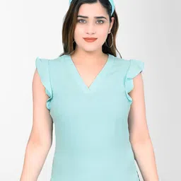 DELIS Women V-Neck Monochrome A-Line Regular Top-image-27