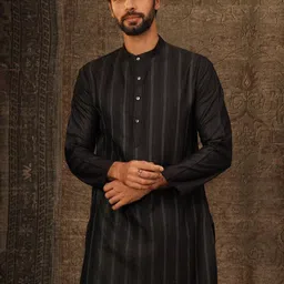 JAYPORE Striped Band Collar Thread Work Straight Kurta-image-42