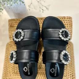 IMPERFECTO Women Embellished Rhinestone Buckle Sliders Open Toe Flats-1