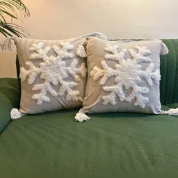 LUSHLYF Grey & White 2 Pcs Floral Textured Cotton Square Snowflake Tuffed Cushion Covers-52