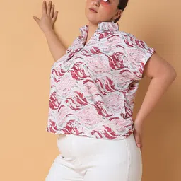SHOWOFF Print Mandarin Collar Crepe Top-35