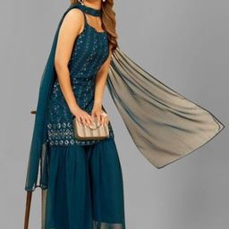 PARROT CREATION Women Embroidered Regular Sequinned Kurti with Palazzos & With Dupatta image 3