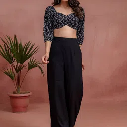 KASYA Embroidered Cotton Straight Fit Schiffli Crop Top With Palazzo Co-Ords-image-14