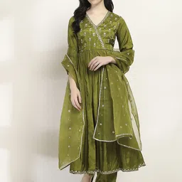Rangriti Floral Embroidered Empire Sequinned V-Neck Anarkali Kurta With Palazzos & Dupatta-image-13