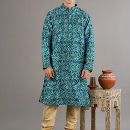 Exotic India Men Ethnic Motifs Printed Straight Cotton Silk Kurta with Pyjamas-picture-15