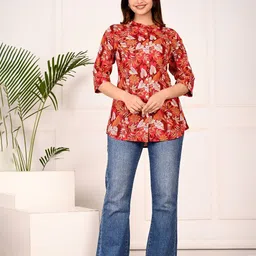 GUDWEARS Print Mandarin Collar Roll-Up Sleeves Top image 5