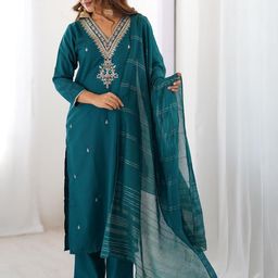 KALINI Women Floral Embroidered Regular Thread Work Kurta with Trousers & With Dupatta-picture-54