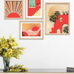 ArtVibes Red 4 Pieces Sunrise Printed Wooden Wall Arts-image-70