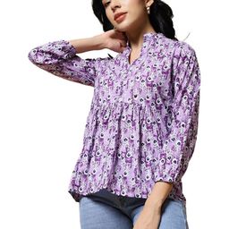 Purple Abstract Print High Neck Bishop Sleeves Cotton Top-image-81