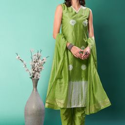 KALINI Women Bandhani Dyed Regular Aari Work Pure Silk Kurta with Trousers & With Dupatta-image-1