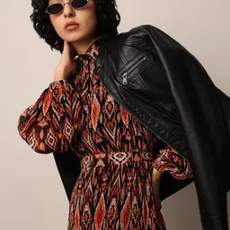 ONLY Printed Keyhole Neck Puff Sleeve Belted A-Line Dress-image-49