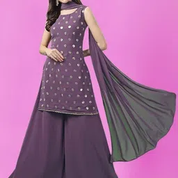 PARROT CREATION Geometric Embroidered Georgette Straight Kurti With Sharara & Dupatta-1