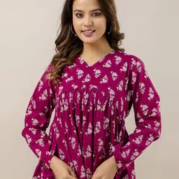 CORDSET Women Floral Printed Gathered or Pleated V-Neck Cotton A-Line Top-picture-28
