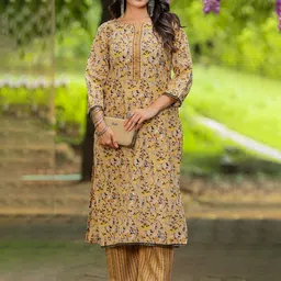VORHIZA Floral Printed Round Neck Three-Quarter Sleeves Regular Kurta With Trouser-image-6