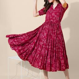 Femvy Ethnic Motifs Printed Fit And Flare Tiered Dress-picture-22