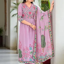 Berrylicious Floral Yoke Design Pleated Thread Work A-Line Kurta With Trousers & Dupatta-picture-6