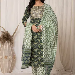 Yufta Paisley Printed Sequinned Pure Cotton Straight Kurta with Trousers & Dupatta-image-2