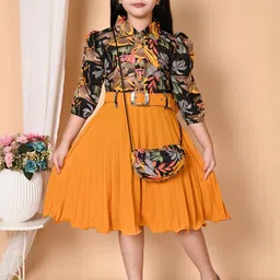 Zenat Girls Abstract Print Puff Sleeve Shirt Collared Mustard Color Fit & Flare Dress-image-87