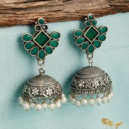 Jazz and Sizzle Silver-Plated Stone Studded & Pearl Beaded Oxidised Dome Shaped Jhumkas-25