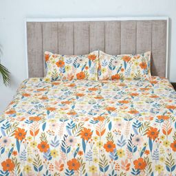 Glaxomas Orange & Blue Floral Printed 250 TC King Bedsheet with 2 Pillow Covers-image-63