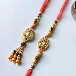 Red and Yellow Mirror Work Lumba Rakhi Set for Bhaiya Bhabhi Traditional Handmade Set of 2 pcs Rakhi and Lumba for Brother and Sister in Law-9